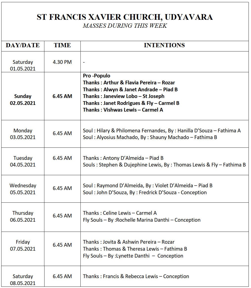 Mass Timings - St. Francis Xavier Church, Udyavar